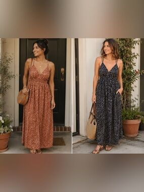 Spotted Smocked Maxi Dress in Rust and black